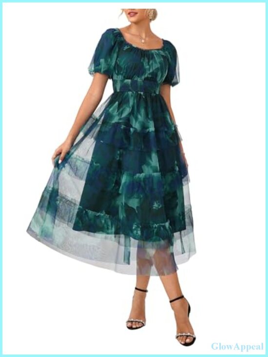 Dresses & Skirts - Floral Puff Sleeve Smocked Midi Dress Square Neck Mesh Flowy Wedding Guest